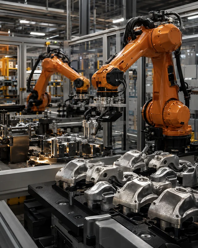 Roboty przemysłowe przy produkcji metalowych komponentów.